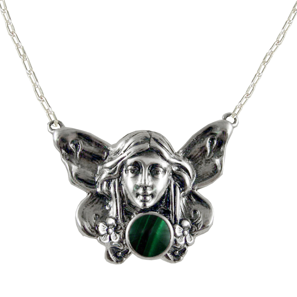 Sterling Silver Winged Fairy Aromatherapy Pendant Necklace With Malachite